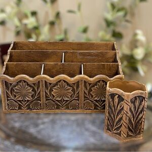 Vintage Mail Card Recipe Holder Organizer Lerner Faux Wood Desk Letter Pencil